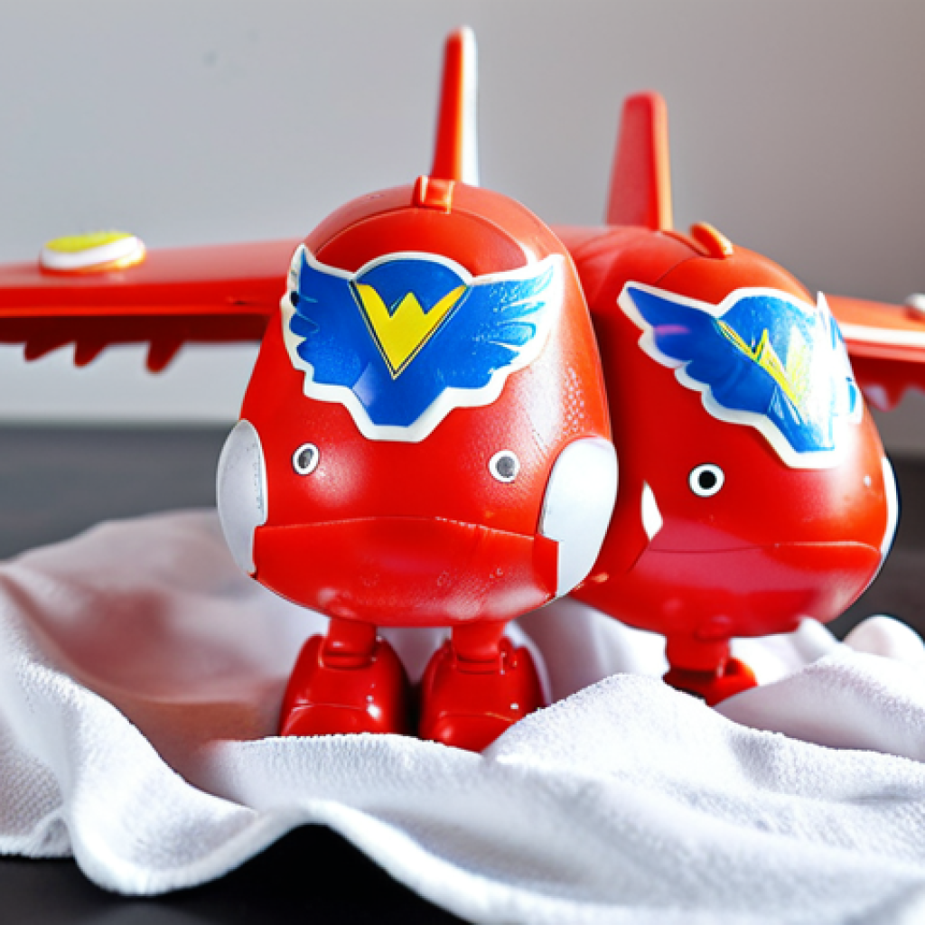 Cleaning Super Wings Toys**

Prompt: *Close-up shot of Super Wings toys being gently cleaned with a soft cloth and a baby-safe cleaning solution. Focus on removing dust and grime. Baking soda paste in the background. Bright, clean lighting.*

**