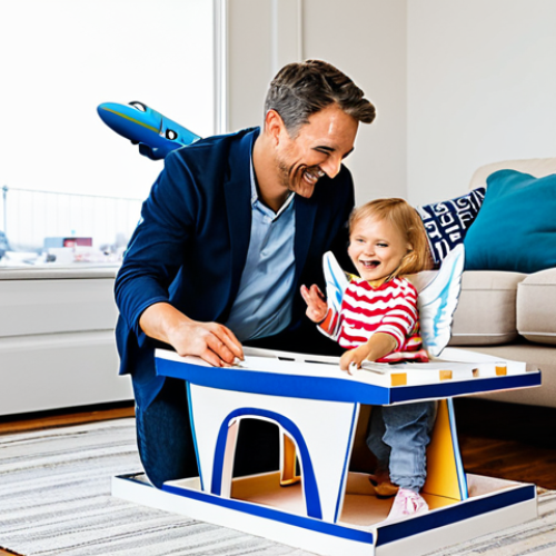 Home 14 A joyful child and their parents, all fully clothed in modest attire, engaging in imaginative play. They are collaboratively building a "world airport" play area in a bright, cozy living room, utilizing everyday household items like cardboard boxes for a control tower and blankets for runways. The child is holding a Super Wings toy airplane, pointing excitedly at a self-made structure, while parents smile encouragingly. Professional photography, high detail, perfect anatomy, correct proportions, natural pose, well-formed hands, proper finger count, natural body proportions, safe for work, appropriate content, fully clothed, professional, family-friendly.