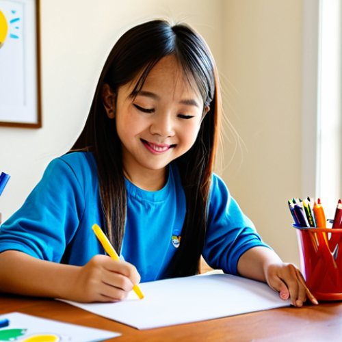 Home 7 A joyful Vietnamese elementary school-aged girl, fully clothed in modest, comfortable attire, focused on coloring Super Wings characters (Jett, Dizzy, Donnie) on a drawing paper. She is sitting at a clean, brightly lit children's art table, surrounded by colorful crayons and markers. The background is a soft-focus, family-friendly home living room with natural light. The image emphasizes creativity, concentration, and childhood wonder. Professional studio photography, high resolution, soft lighting, vibrant colors. Perfect anatomy, correct proportions, natural pose, well-formed hands, proper finger count, natural body proportions. Safe for work, appropriate content, fully clothed, family-friendly.