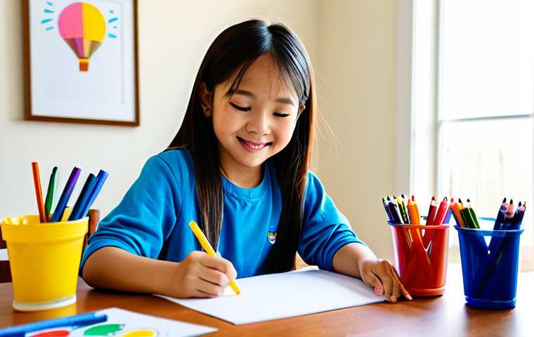 A joyful Vietnamese elementary school-aged girl, fully clothed in modest, comfortable attire, focused on coloring Super Wings characters (Jett, Dizzy, Donnie) on a drawing paper. She is sitting at a clean, brightly lit children's art table, surrounded by colorful crayons and markers. The background is a soft-focus, family-friendly home living room with natural light. The image emphasizes creativity, concentration, and childhood wonder. Professional studio photography, high resolution, soft lighting, vibrant colors. Perfect anatomy, correct proportions, natural pose, well-formed hands, proper finger count, natural body proportions. Safe for work, appropriate content, fully clothed, family-friendly.